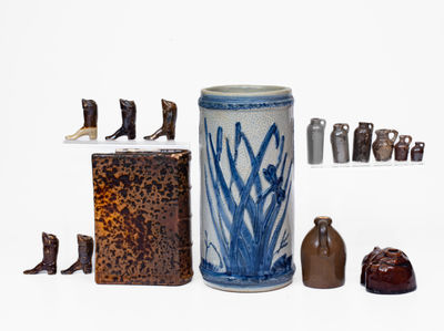 Assorted Stoneware Objects incl. Miniature Jugs, Boots, and Norton July 4, 1876 Centennial Jug