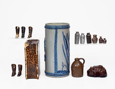 Assorted Stoneware Objects incl. Miniature Jugs, Boots, and Norton July 4, 1876 Centennial Jug
