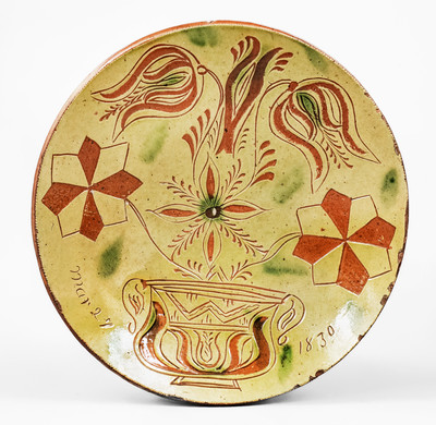 Very Rare Redware Plate w/ Sgraffito Flowering Urn Motif, 