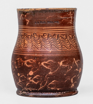 Extremely Rare Solomon H. Way, Eloa, Oregon Redware Mug w/ Fine Slip Decoration