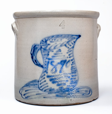Rare New York State Stoneware Crock w/ 1890-Dated Pitcher Decoration