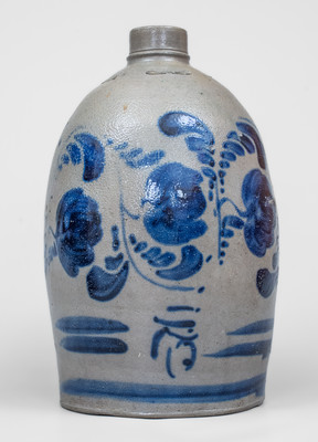 Western PA Stoneware Jug w/ Elaborate Freehand Cobalt Decoration, c1870