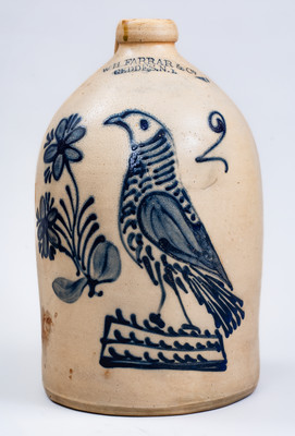 Exceptional W.H. FARRAR & Co. / GEDDES, N.Y. Stoneware Jug w/ Elaborate Bird and Floral Motif
