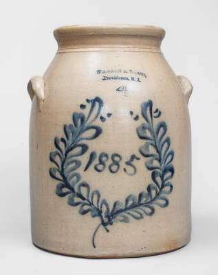 Four-Gallon Providence, RI Stoneware Advertising Jar w/ Cobalt Wreath and 1885 Date