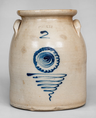 2 Gal. ALBANY, NY Decorated Stoneware Jar, probably O'Connell Pottery, 1860