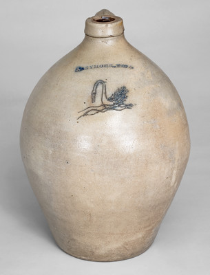 Ovoid I. SEYMOUR / TROY, New York Stoneware Jug w/ Incised Swan Decoration
