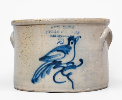 Unusual 2 Gal. NEW YORK STONEWARE CO. / FORT EDWARD, NY Stoneware Cake Crock w/ Bird Decoration