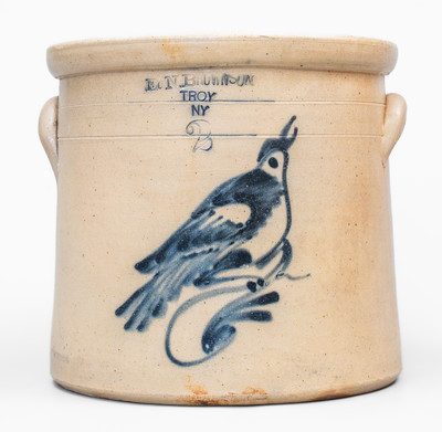 E. N. BROWN SON / TROY, NY Stoneware Advertising Crock w/ Bird Decoration