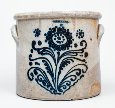 ALBANY, NY Stoneware Crock w/ Slip-Trailed Floral Decoration, third quarter 19th century
