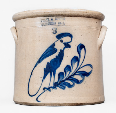 3 Gal. FRANK B. NORTON / WORCESTER, MASS. Stoneware Crock w/ Parrot Decoration