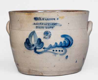 2 Gal. WM. E. WARNER / MANUFACTORY / WEST TROY Stoneware Cream Jar w/ Floral Decoration