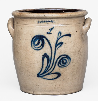LYONS, New York Stoneware Jar w/ Slip-Trailed Floral Decoration, c1860