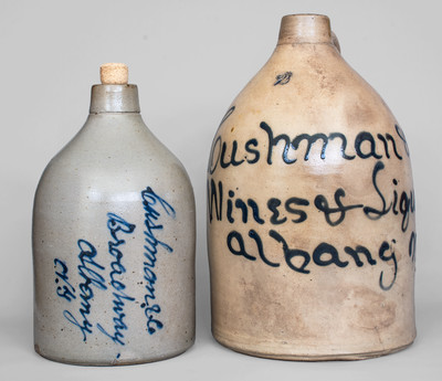 Lot of Two: Cushman & Co. / Albany, NY Stoneware Script Advertising Jugs