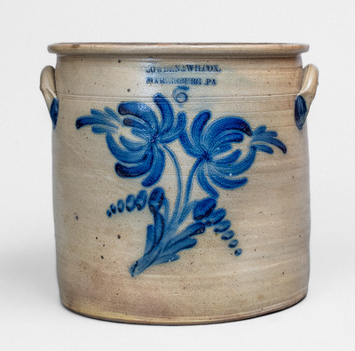 6 Gal. COWDEN & WILCOX / HARRISBURG, PA Stoneware Crock w/ Elaborate Floral Decoration
