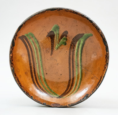 Large-Sized Dryville, Berks County, PA Redware Plate w/ Two-Color Slip Tulip Motif, 19th century