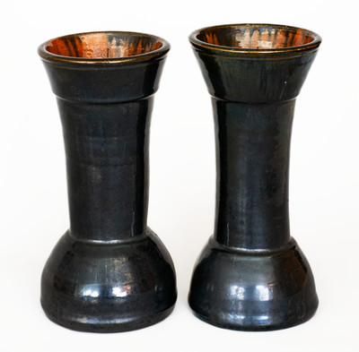 Rare Pair of Black-Glazed JOHN BELL, Waynesboro, PA Redware Vases, c1880