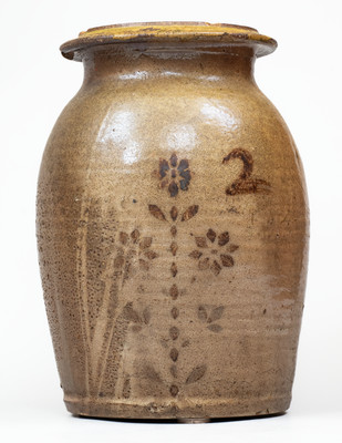 Attrib. Whelchel Family, Gaffney, SC Stoneware Jar w/ Brown Slip Floral Decoration,