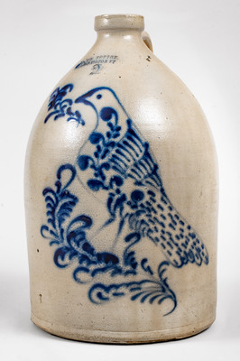Exceptional J. & E. NORTON / BENNINGTON, VT Stoneware Jug w/ Exuberant Slip-Trailed Bird Decoration