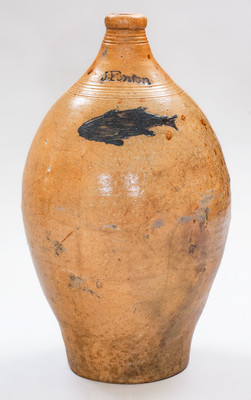 Extremely Rare J FENTON (Dorset, VT, c1805) Stoneware Jug w/ Impressed Fish Decoration