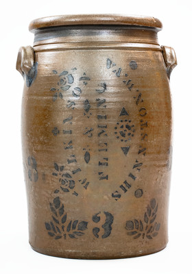 Rare 3 Gal. WILKINSON & FLEMING / SHINNSTON, W. VA. Stoneware Jar w/ Sideways Stencil