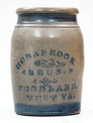 Very Rare WOODLAND, WEST VA Stoneware Stenciled Advertising Jar