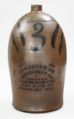 3 Gal. WHEELING, W. VA Stoneware Advertising Jug, probably Palatine, West Virginia