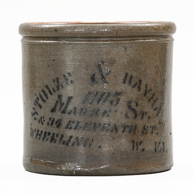 Small WHEELING, W. VA Stenciled Stoneware Advertising Butter Crock