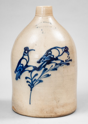 Rare WEST TROY / N.Y. / POTTERY Stoneware Jug w/ Cobalt Double Bird Decoration, c1875