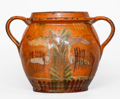 Rare Southeastern PA Redware Jar w/ Three-Color-Slip Bird and Floral Motifs, early 19th century.
