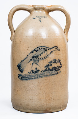 Exceptional W. A. LEWIS / GALESVILLE, NY Stoneware Double-Handled Jug w/ Elaborate Turkey Decoration