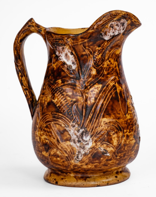 S. RISLEY / NORWICH Molded Rockingham Ware Corn Pitcher