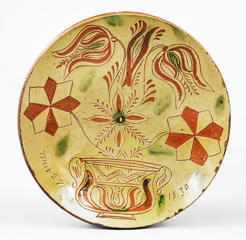 Very Rare Redware Plate with Sgraffito Flowering Urn Motif, Dated 
