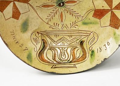 Very Rare Redware Plate with Sgraffito Flowering Urn Motif, Dated 