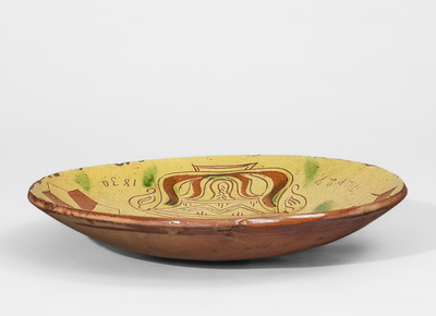 Very Rare Redware Plate w/ Sgraffito Flowering Urn Motif, 