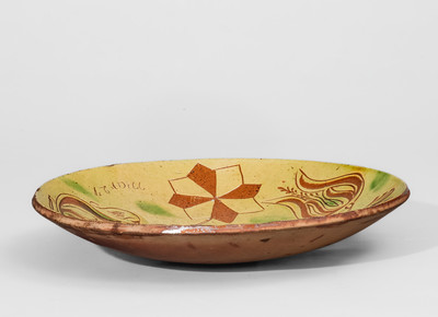 Very Rare Redware Plate w/ Sgraffito Flowering Urn Motif, 