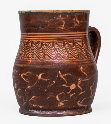 Extremely Rare Solomon H. Way, Eloa, Oregon Redware Mug w/ Fine Slip Decoration