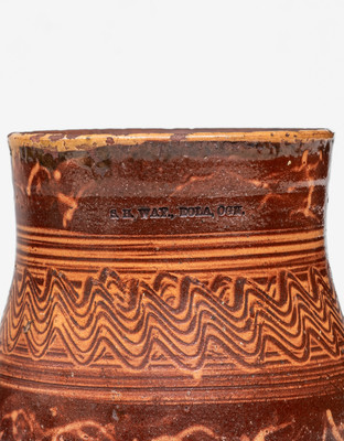 Extremely Rare Solomon H. Way, Eloa, Oregon Redware Mug w/ Fine Slip Decoration