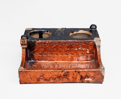 1839 Dated Redware Inkstand w/ Impressed and Applied Decoration, probably Pennsylvania