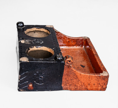 1839 Dated Redware Inkstand w/ Impressed and Applied Decoration, probably Pennsylvania