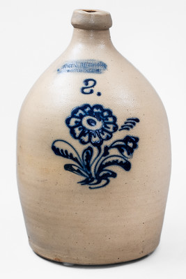 2 Gal. JOHN BURGER / ROCHESTER, New York Stoneware Jug w/ Slip-Trailed Floral Decoration