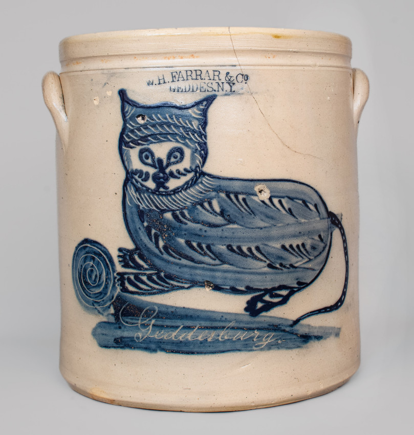 Exceptional W. H. FARRAR & CO. / GEDDES, NY Stoneware Crock with Elaborate Cat Decoration Inscribed 