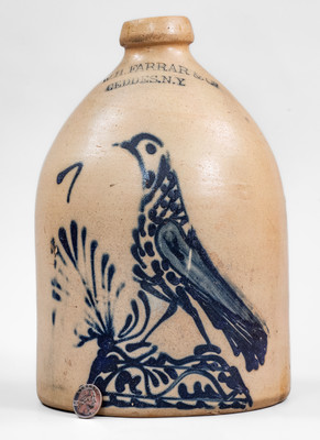 Fine W.H. FARRAR & Co. / GEDDES, N.Y. Stoneware Jug w/ Elaborate Bird Decoration