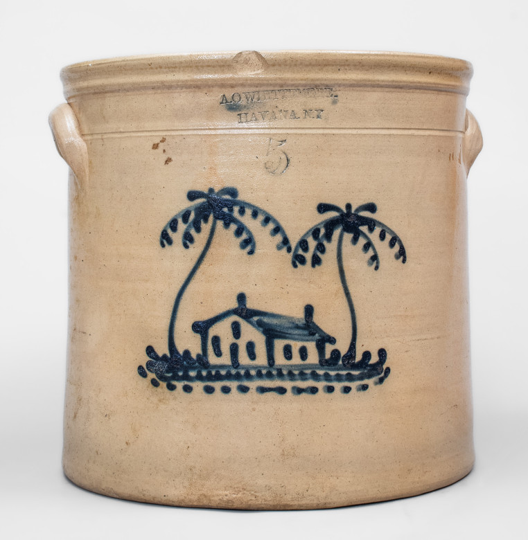 Scarce Five-Gallon Stoneware Crock with Cobalt House Decoration, Stamped 