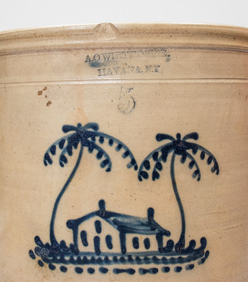Scarce A.O. WHITTEMORE. / HAVANA. N.Y. 5 Gal. Stoneware Crock w/ Cobalt House Decoration