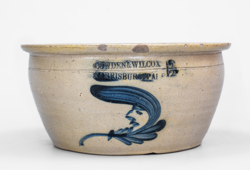 Very Rare One-and-a-Half-Gallon Stoneware Bowl with Cobalt Man-in-the-Moon Decoration, Stamped 