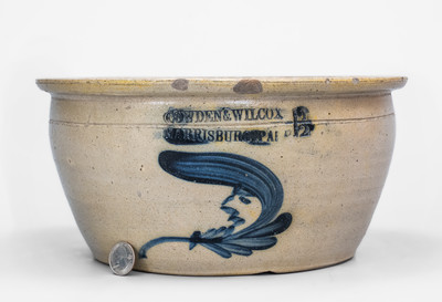 Very Rare COWDEN & WILCOX / HARRISBURG, PA Stoneware Bowl w/ Cobalt Man-in-the-Moon Decoration