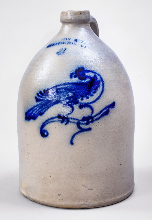 Very Rare Two-Gallon Stoneware Jug with Cobalt Pheasant on Branch Decoration, Stamped 