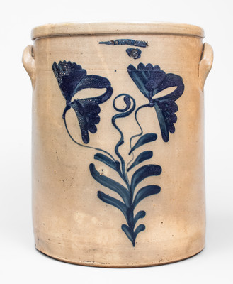 Six-Gallon WHITE S UTICA, NY Stoneware Crock w/ Elaborate Cobalt Floral Decoration, c1860