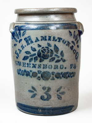 3 Gal. JAS. HAMILTON & CO. / GREENSBORO, PA Stoneware Jar w/ Stenciled Rose Decoration