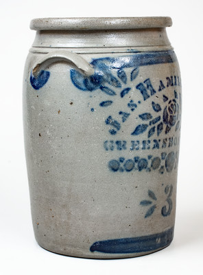 3 Gal. JAS. HAMILTON & CO. / GREENSBORO, PA Stoneware Jar w/ Stenciled Rose Decoration